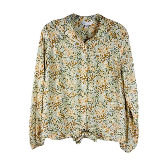 Lauren Conrad cream peach gold floral tie button front top small - Picture 1 of 8